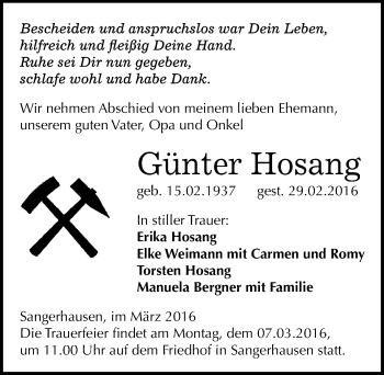 Traueranzeige von Günter Hosang von Mitteldeutsche Zeitung Sangerhausen
