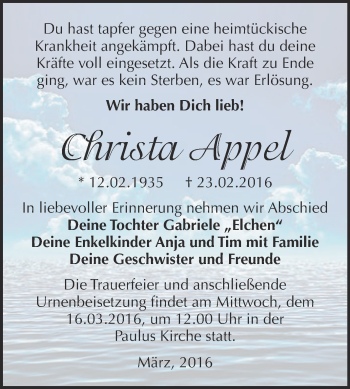 Traueranzeige von Christa Appel von WVG - Wochenspiegel Dessau / Köthen