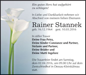 Traueranzeige von Rainer Stannek von Mitteldeutsche Zeitung Dessau-Roßlau
