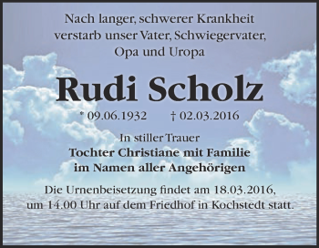 Traueranzeige von Rudi Scholz von WVG - Wochenspiegel Dessau / Köthen