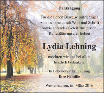 Traueranzeige von Lydia Lehning von WVG - Wochenspiegel Quedlinburg