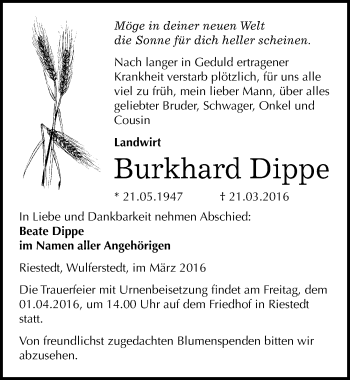 Traueranzeige von Burkhard Dippe von Mitteldeutsche Zeitung Sangerhausen