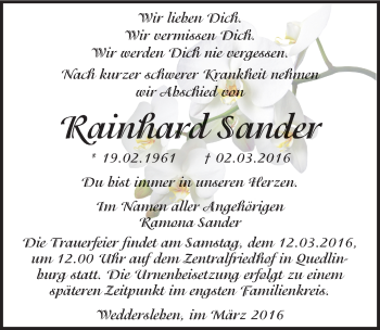 Traueranzeige von Rainhard Sander von Mitteldeutsche Zeitung Quedlinburg