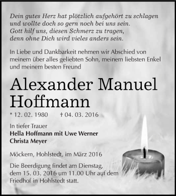 Traueranzeige von Alexander Manuel Hoffmann von Super Sonntag SGH Mansf. Land