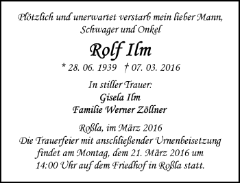 Traueranzeige von Rolf Ilm von Mitteldeutsche Zeitung Sangerhausen