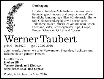 Traueranzeige von Werner Taubert von Mitteldeutsche Zeitung Zeitz