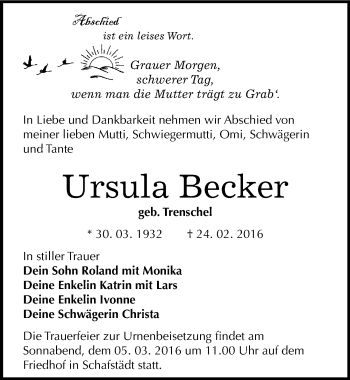 Traueranzeige von Ursula Becker von Mitteldeutsche Zeitung Merseburg/Querfurt