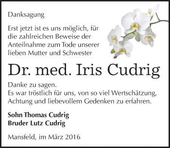 Traueranzeige von Iris Cudrig von Mitteldeutsche Zeitung Mansfelder Land