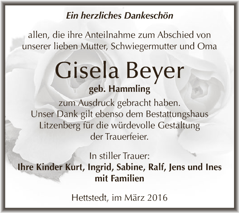  Traueranzeige für Gisela Beyer vom 30.03.2016 aus Wochenspiegel Mansfelder Land