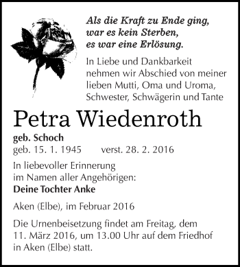 Traueranzeige von Petra Wiedenroth von WVG - Wochenspiegel Dessau / Köthen