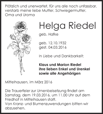 Traueranzeige von Helga Riedel von Super Sonntag SGH Mansf. Land