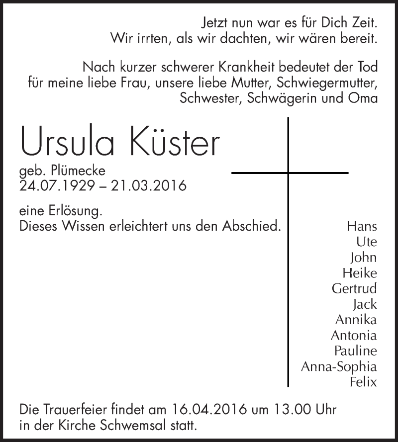  Traueranzeige für Ursula Küster vom 30.03.2016 aus WVG - Wochenspiegel Bitterfeld
