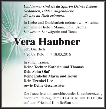 Traueranzeige von Vera Haubner von Mitteldeutsche Zeitung Dessau-Roßlau