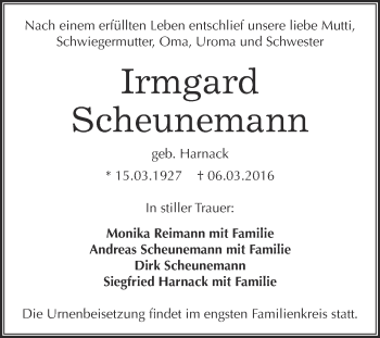 Traueranzeige von Irmgard Scheunemann von WVG - Wochenspiegel Dessau / Köthen