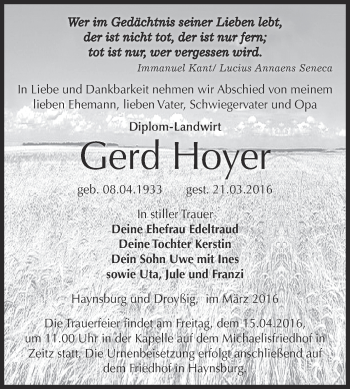 Traueranzeige von Gerd Hoyer von Super Sonntag Zeitz