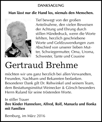 Traueranzeige von Gertraud Brehme von Mitteldeutsche Zeitung Bernburg