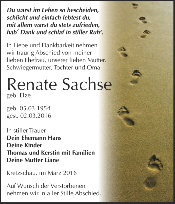 Traueranzeige von Renate Sachse von Super Sonntag Zeitz
