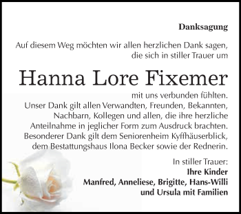 Traueranzeige von Hanna Lore Fixemer von Super Sonntag SGH Mansf. Land