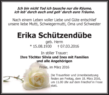 Traueranzeige von Erika Schützendübe von Mitteldeutsche Zeitung Aschersleben
