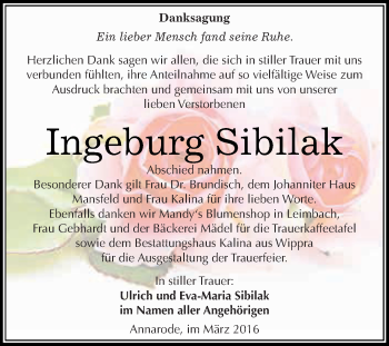 Traueranzeige von Ingeburg Sibilak von Super Sonntag SGH Mansf. Land