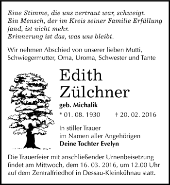 Traueranzeige von Edith Zülchner von Mitteldeutsche Zeitung Dessau-Roßlau