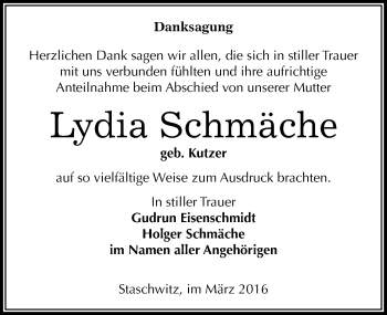 Traueranzeige von Lydia Schmäche von Mitteldeutsche Zeitung Zeitz