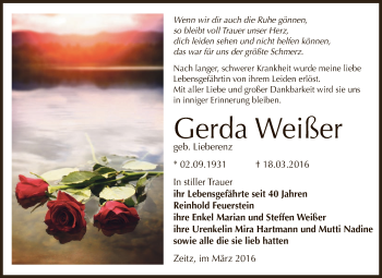 Traueranzeige von Gerda Weißer von Super Sonntag Zeitz