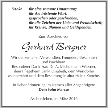 Traueranzeige von Gerhard Bergner von Super Sonntag Aschersleben