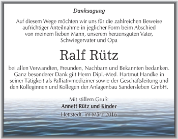 Traueranzeige von Ralf Rütz von Wochenspiegel Mansfelder Land