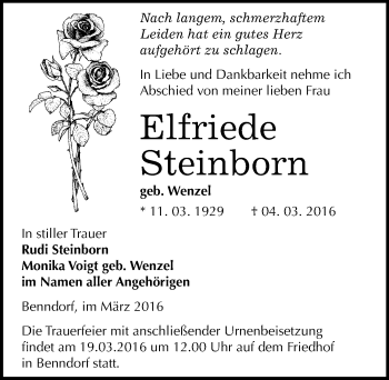Traueranzeige von Elfriede Steinborn von Mitteldeutsche Zeitung Mansfelder Land