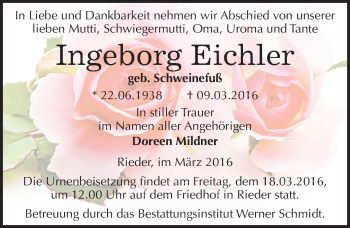 Traueranzeige von Ingeborg Eichler von Mitteldeutsche Zeitung Quedlinburg