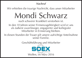 Traueranzeige von Mondi Schwarz von Mitteldeutsche Zeitung Bitterfeld