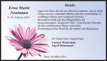 Traueranzeige von Erna Marie Neumann von Mitteldeutsche Zeitung Quedlinburg