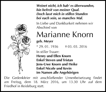 Traueranzeige von Marianne Knorn von Mitteldeutsche Zeitung Halle/Saalkreis