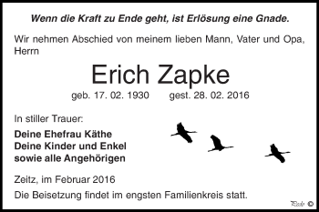 Traueranzeige von Erich Zapke von Super Sonntag Zeitz