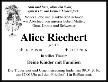 Traueranzeige von Alice Riechert von Mitteldeutsche Zeitung Dessau-Roßlau