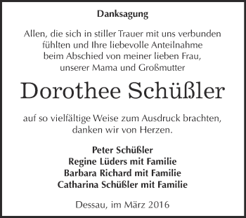 Traueranzeige von Dorothee Schüßler von WVG - Wochenspiegel Dessau / Köthen