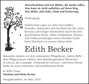 Traueranzeige von Edith Becker von Super Sonntag Bernburg