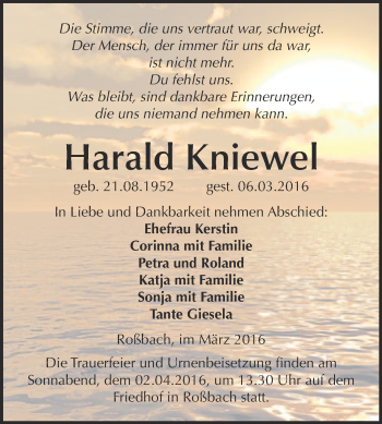 Traueranzeige von Harald Kniewel von WVG - Wochenspiegel Merseburg