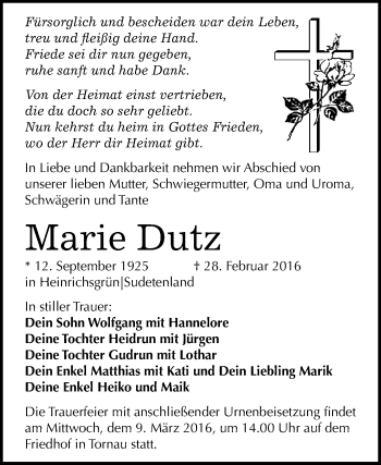 Traueranzeige von Marie Dutz von WVG - Wochenspiegel Wittenberg