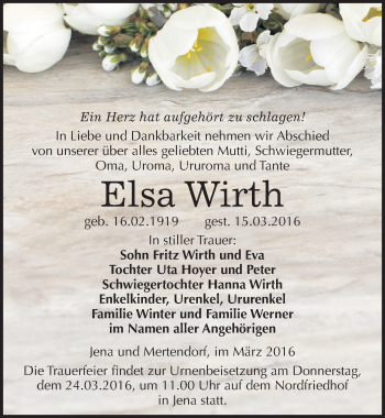 Traueranzeige von Elsa Wirth von Mitteldeutsche Zeitung Naumburg/Nebra
