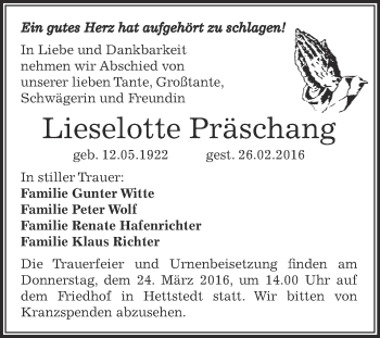 Traueranzeige von Lieselotte Präschang von Super Sonntag SGH Mansf. Land