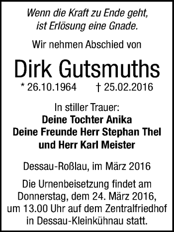 Traueranzeige von Dirk Gutsmuths von Mitteldeutsche Zeitung Dessau-Roßlau