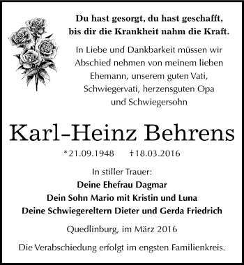 Traueranzeige von Karl-Heinz Behrens von Mitteldeutsche Zeitung Quedlinburg
