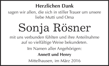 Traueranzeige von Sonja Rösner von WVG - Wochenspiegel SGH