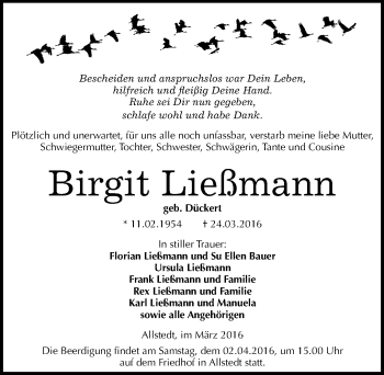 Traueranzeige von Birgit Ließmann von Mitteldeutsche Zeitung Sangerhausen