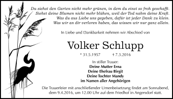 Traueranzeige von Volker Schlupp von Mitteldeutsche Zeitung Halle/Saalkreis