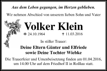 Traueranzeige von Volker Klein von WVG - Wochenspiegel Dessau / Köthen