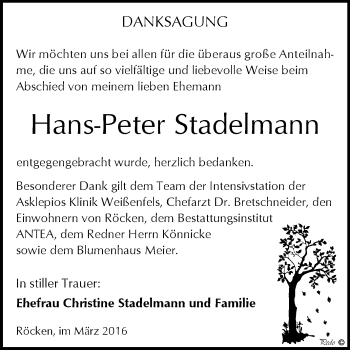 Traueranzeige von Hans-Peter Stadelmann von WVG - Wochenspiegel NMB / WSF / ZTZ