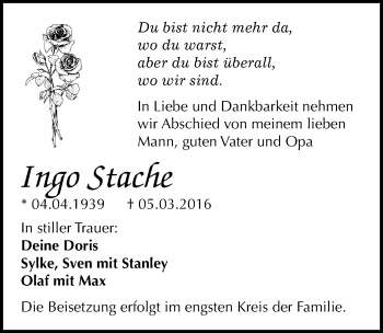 Traueranzeige von Ingo Stache von Mitteldeutsche Zeitung Halle/Saalkreis
